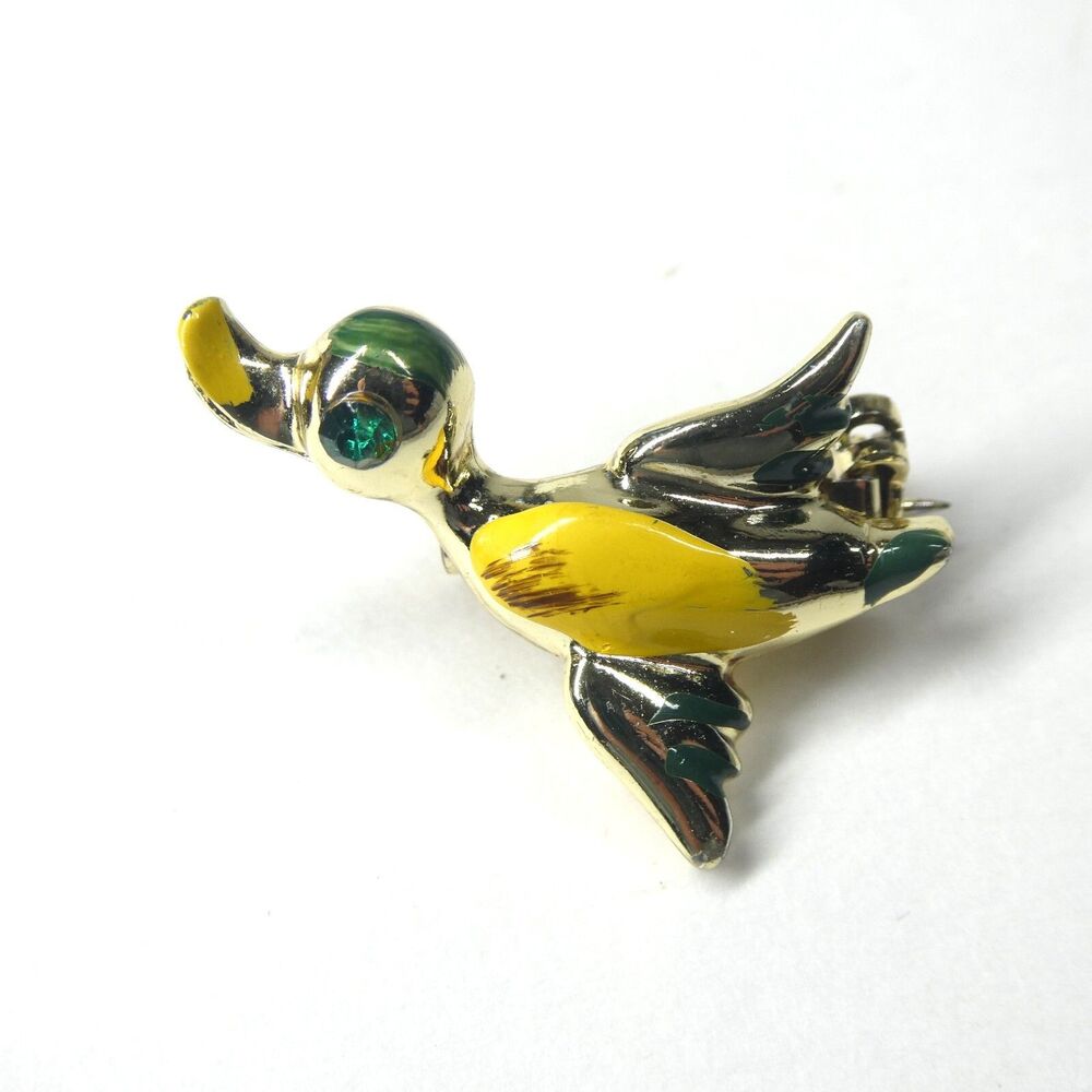 Flying Mallard Duck Pin w/Green Rhinestone Eye Vintage Goldtone Yellow